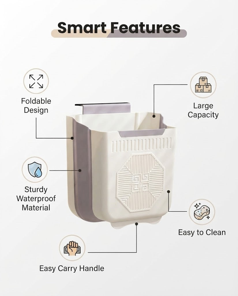 Multipurpose Foldable Hanging Trash Can & Wall-Mounted Garbage Bin for Kitchen, Car, Office & Home Utility Care