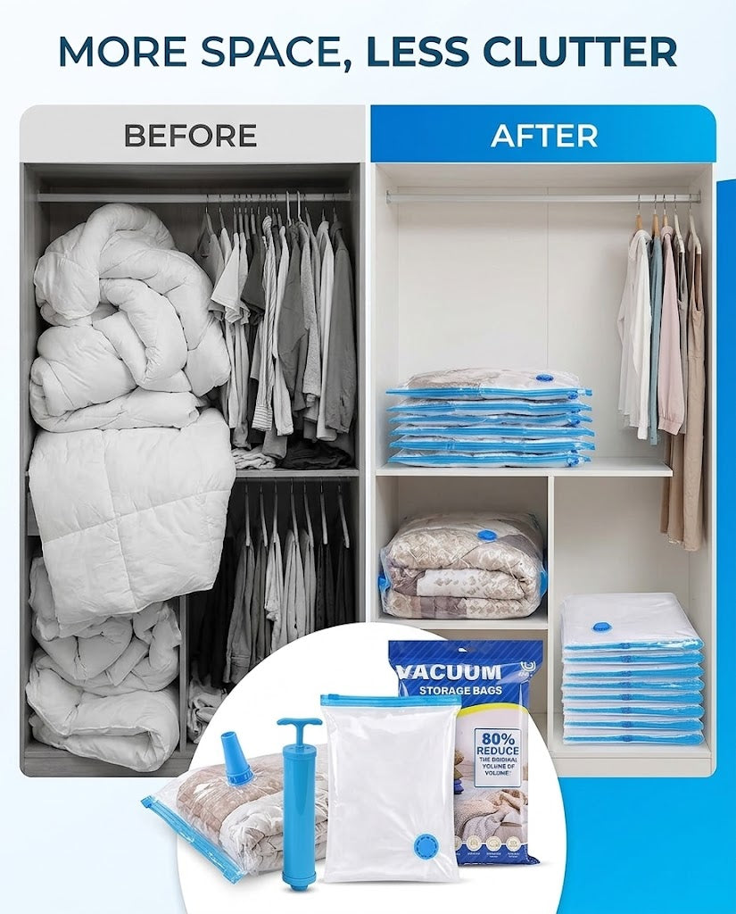 Vacuum Storage Bags with Hand Pump (Pack of 5) – Space Saver Seal Bags for Clothes, Blankets & Bedding