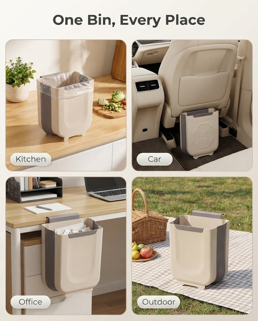 Multipurpose Foldable Hanging Trash Can & Wall-Mounted Garbage Bin for Kitchen, Car, Office & Home Utility Care