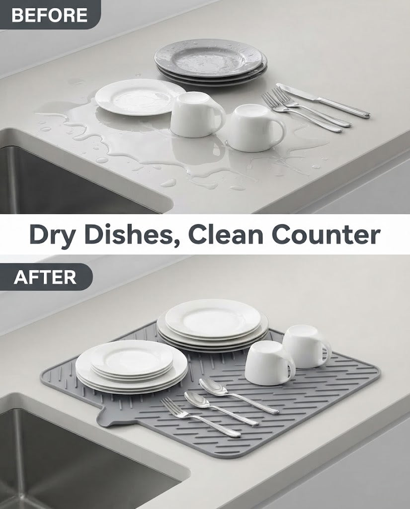 Silicone Dish Drying Mat with Self-Draining Lip - Heat Resistant, Foldable & Non-Slip Kitchen Counter Mat for Plates, Cups, and Bottles