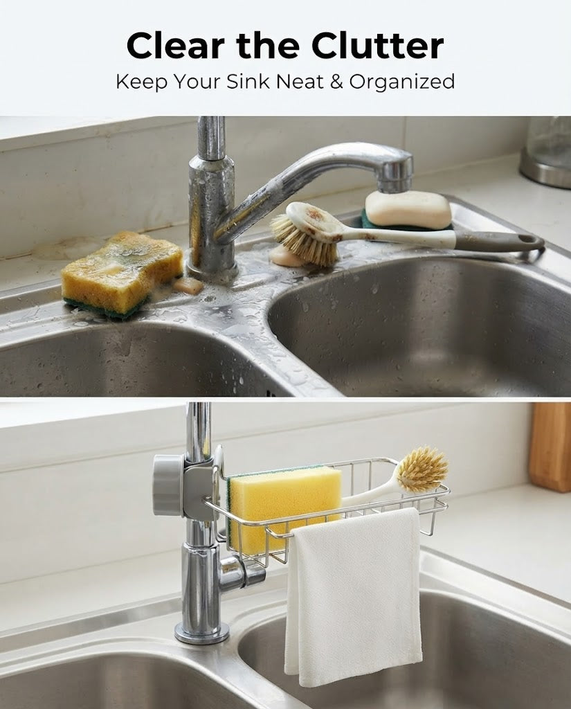 Stainless Steel Faucet Sponge Holder - Adjustable Kitchen Sink Organizer and Drying Rack for Sponges, Brushes, and Dishcloths