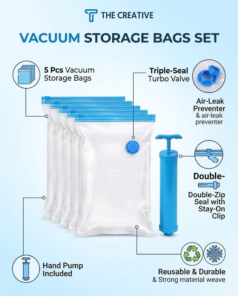 Vacuum Storage Bags with Hand Pump (Pack of 5) – Space Saver Seal Bags for Clothes, Blankets & Bedding