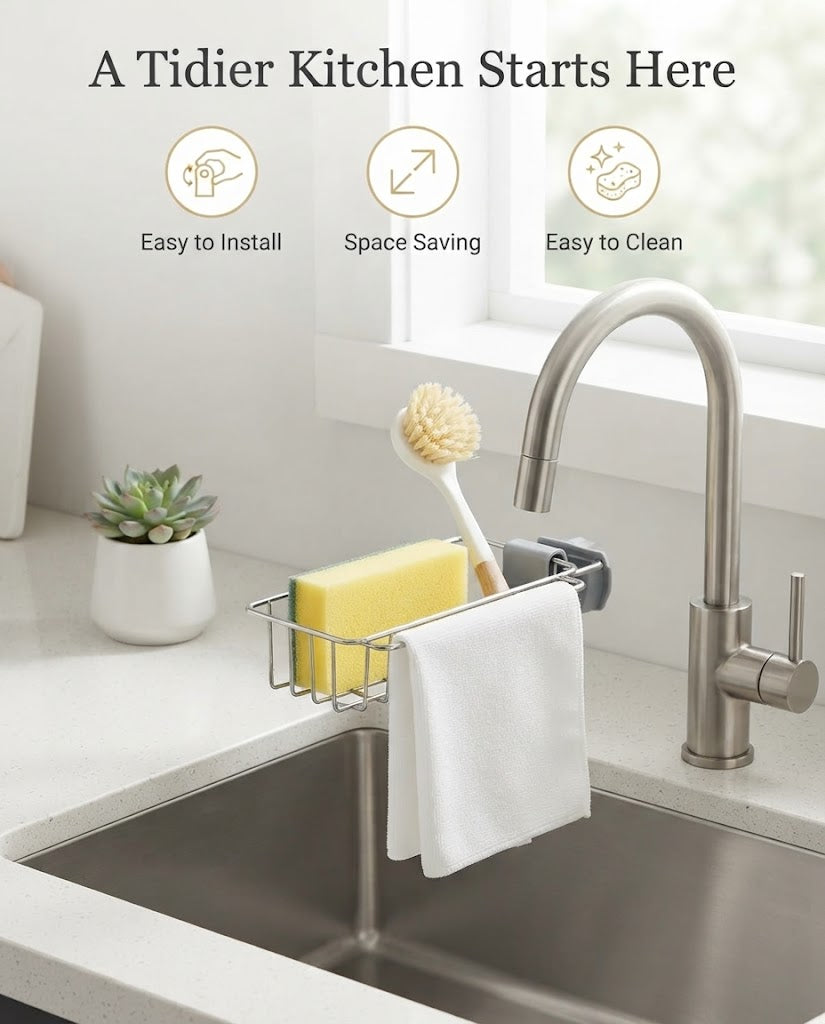 Stainless Steel Faucet Sponge Holder - Adjustable Kitchen Sink Organizer and Drying Rack for Sponges, Brushes, and Dishcloths