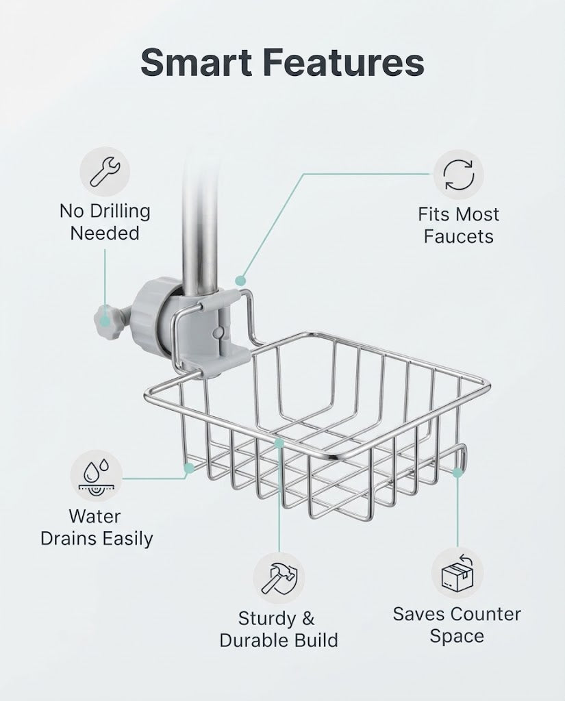 Stainless Steel Faucet Sponge Holder - Adjustable Kitchen Sink Organizer and Drying Rack for Sponges, Brushes, and Dishcloths