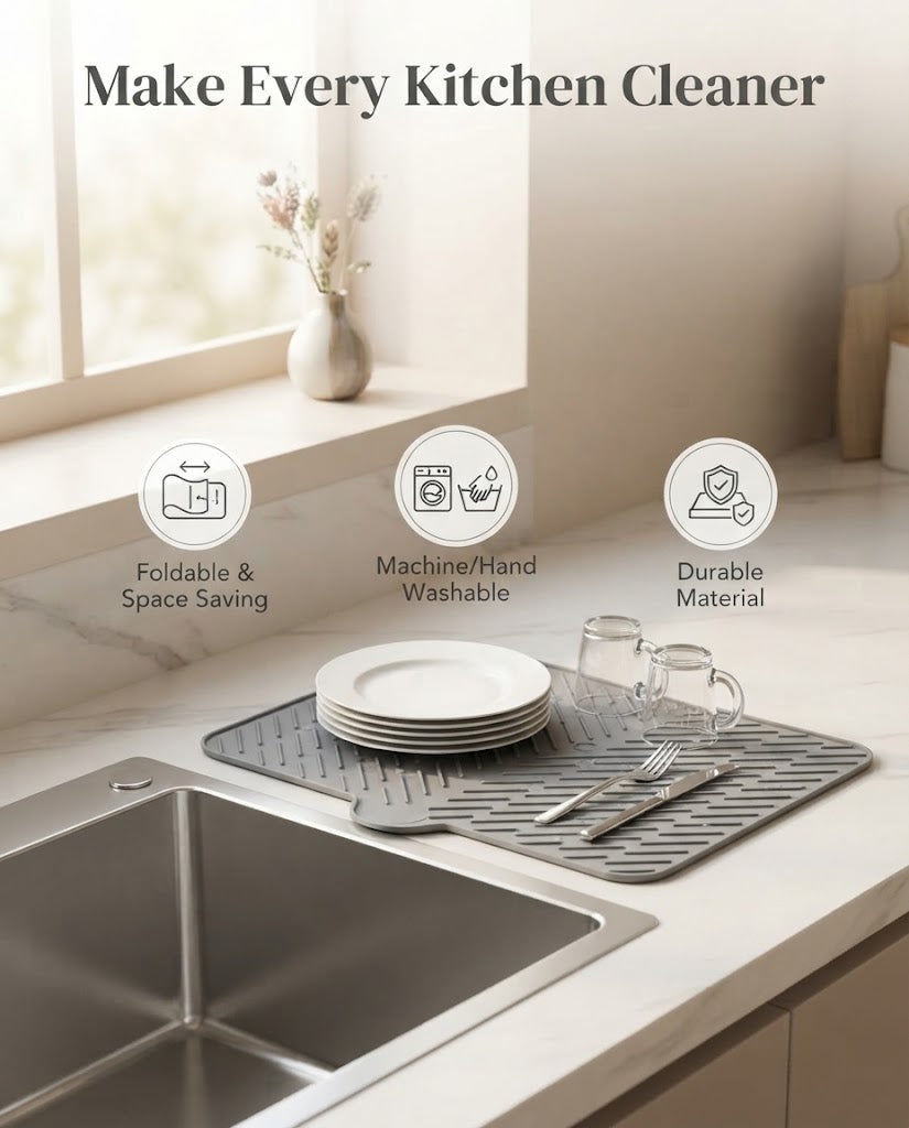 Silicone Dish Drying Mat with Self-Draining Lip - Heat Resistant, Foldable & Non-Slip Kitchen Counter Mat for Plates, Cups, and Bottles