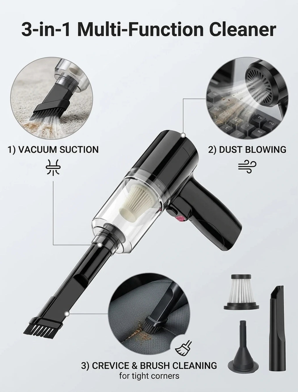 3-in-1 Handheld Cordless Car Vacuum Cleaner, High-Power Auto Vacuum, Air Duster & Hand Vacuum for Home and Car