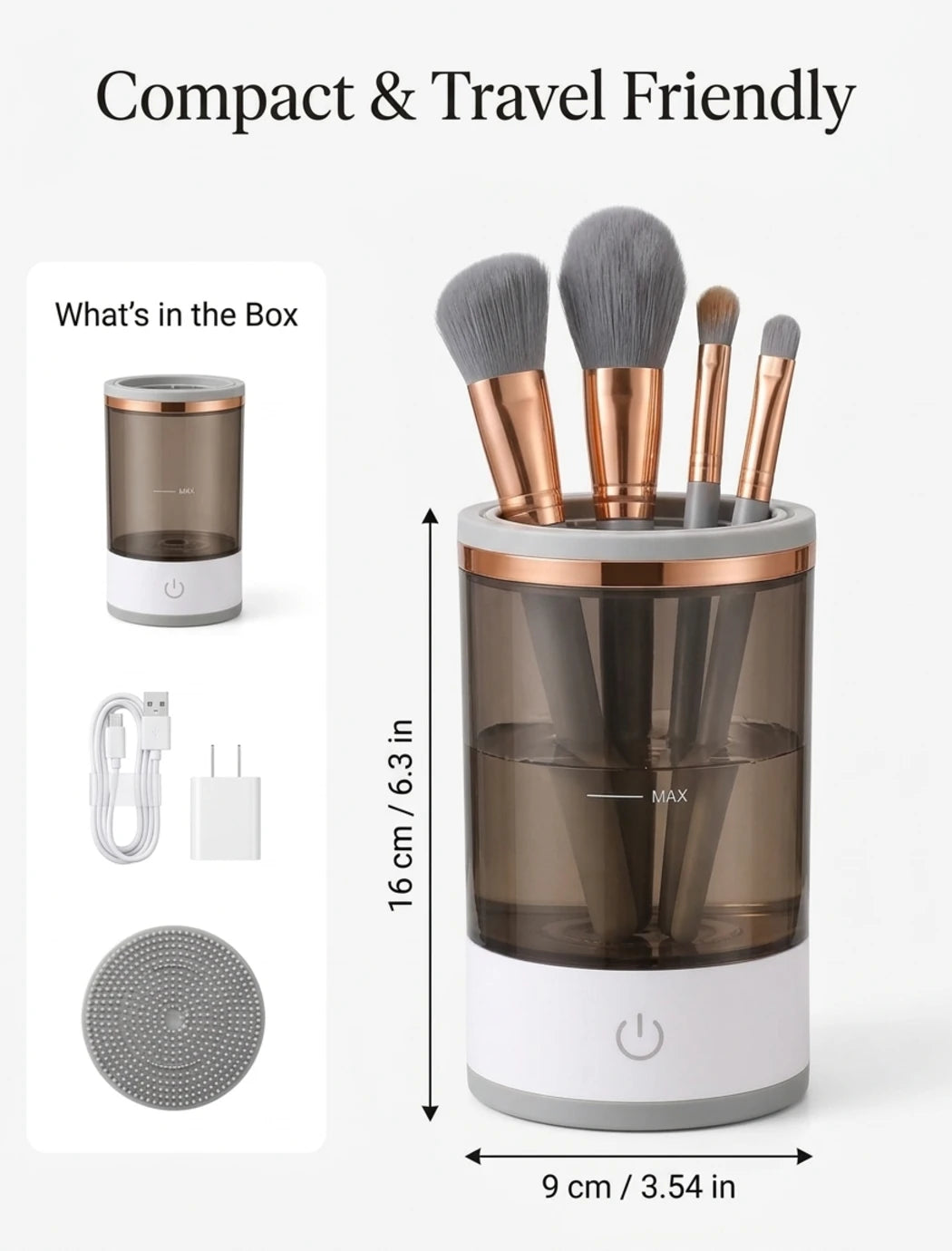 Electric Makeup Brush Cleaner & Dryer Machine – Automatic Spin Cosmetic Brush Washer with Cleaning Mat