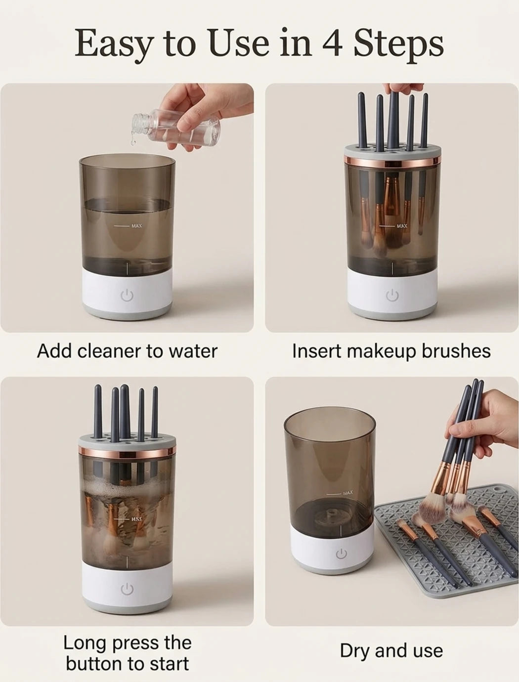 Electric Makeup Brush Cleaner & Dryer Machine – Automatic Spin Cosmetic Brush Washer with Cleaning Mat