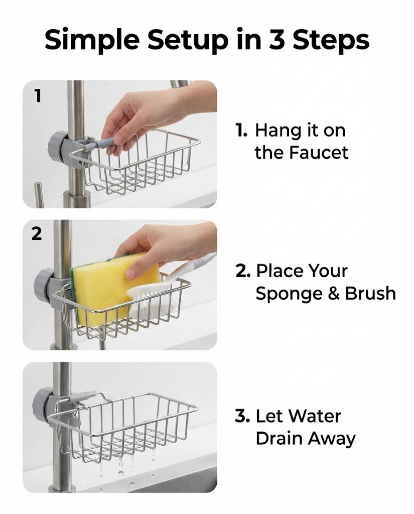 Stainless Steel Faucet Sponge Holder - Adjustable Kitchen Sink Organizer and Drying Rack for Sponges, Brushes, and Dishcloths