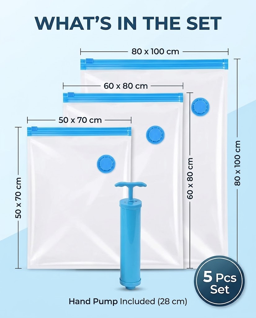 Vacuum Storage Bags with Hand Pump (Pack of 5) – Space Saver Seal Bags for Clothes, Blankets & Bedding