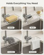 Stainless Steel Faucet Sponge Holder - Adjustable Kitchen Sink Organizer and Drying Rack for Sponges, Brushes, and Dishcloths