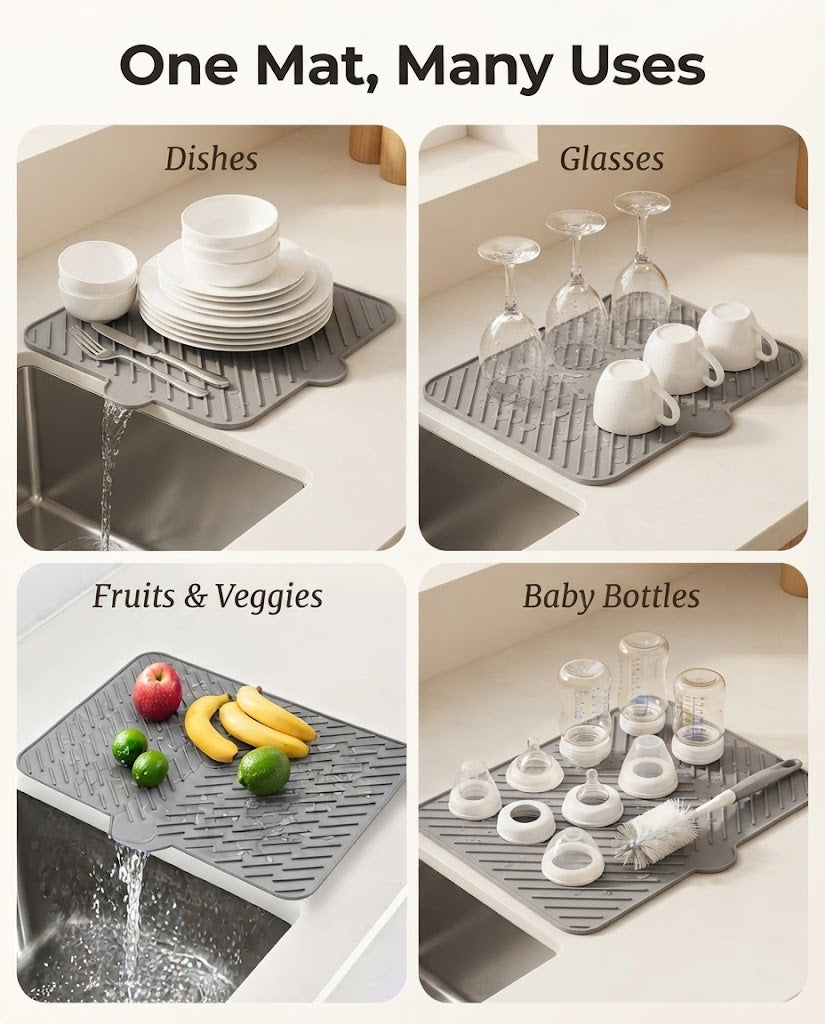 Silicone Dish Drying Mat with Self-Draining Lip - Heat Resistant, Foldable & Non-Slip Kitchen Counter Mat for Plates, Cups, and Bottles